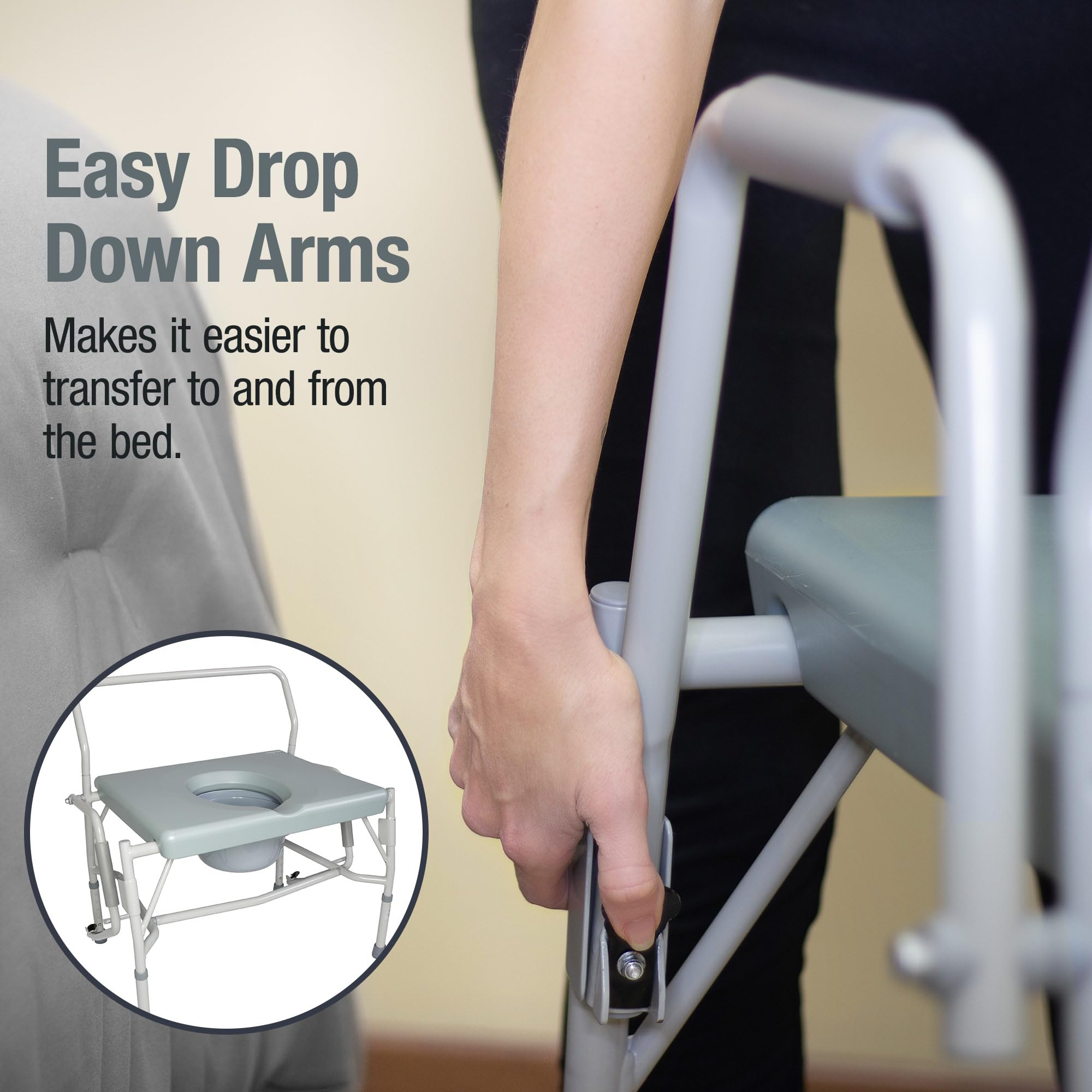 DMI Drop Arm Portable Toilet Commode, Extra-Wide Seat, 500 Pound Weight Capacity, Bucket with Lid Included, Adjustable Legs, Elderly Assistance Products, Grey - Image 4