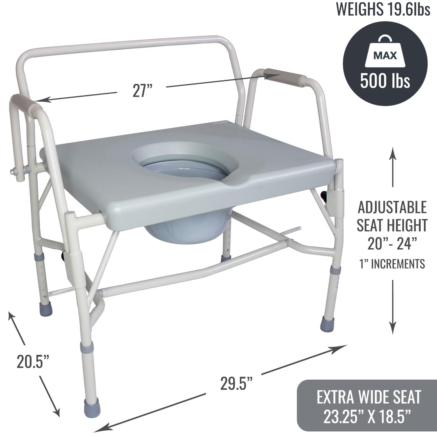 DMI Drop Arm Portable Toilet Commode, Extra-Wide Seat, 500 Pound Weight Capacity, Bucket with Lid Included, Adjustable Legs, Elderly Assistance Products, Grey - Image 6