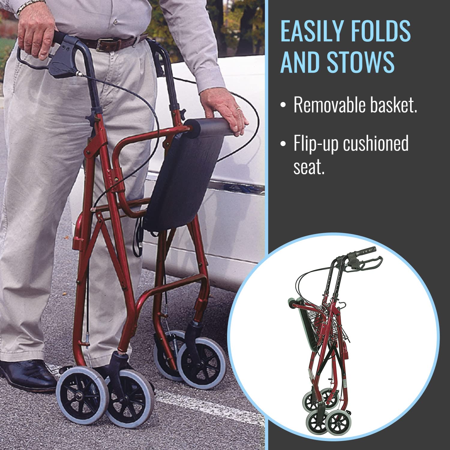 DMI Ultra Lightweight Folding Aluminum Rollator Walker with Adjustable Handle Height, FSA and HSA Eligible, Cushioned Flip Up Seat and Convenient Storage Basket, Burgundy - Image 4