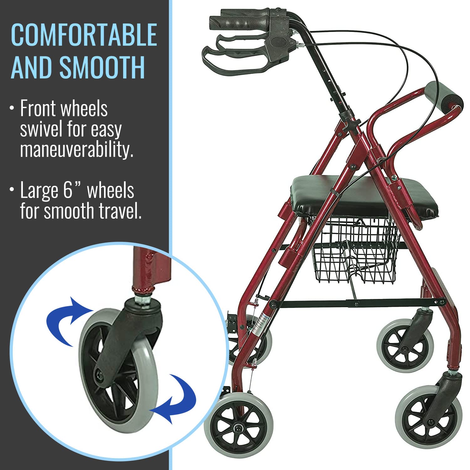 DMI Ultra Lightweight Folding Aluminum Rollator Walker with Adjustable Handle Height, FSA and HSA Eligible, Cushioned Flip Up Seat and Convenient Storage Basket, Burgundy - Image 5